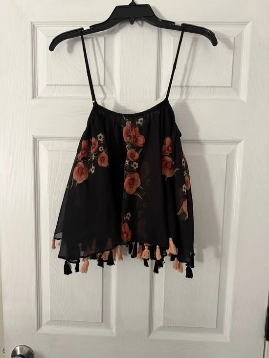 Anthropologie Black Floral Tassel Cami Tank - Picture 3 of 4